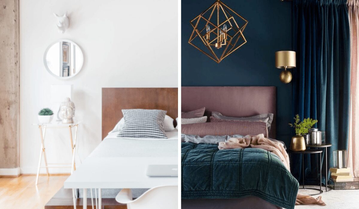 Two stylish bedrooms with distinct decor and bedding.