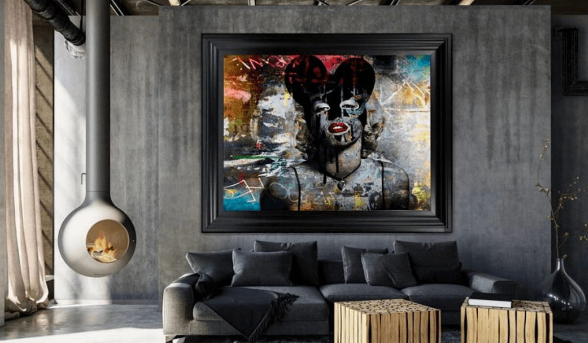 Modern living room with a striking urban street art painting.
