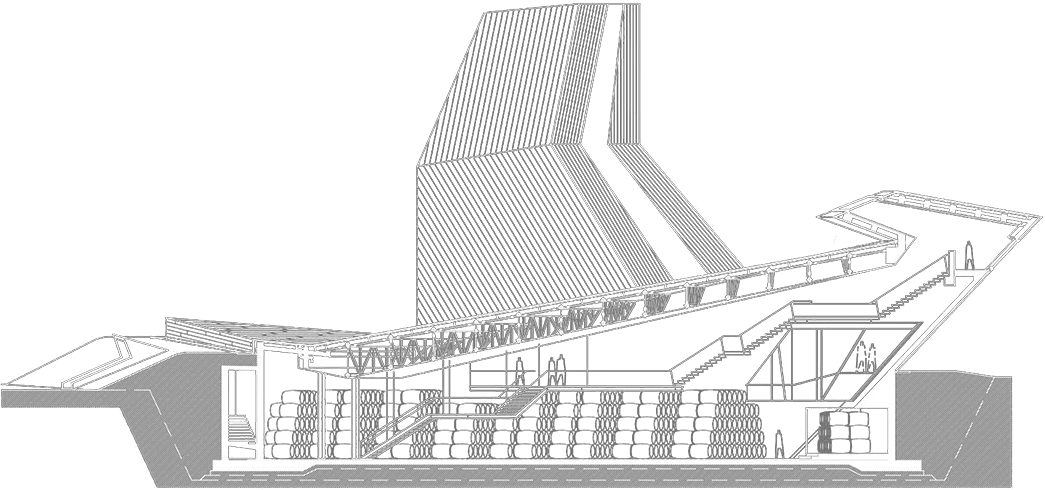 3D wireframe model of an industrial structure with conveyor belts and angled panels.