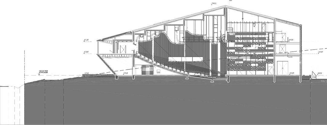 Architectural cross-section of a modern building with detailed internal structure.